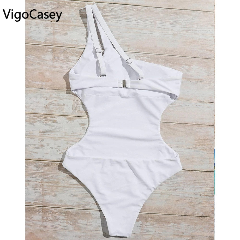 VigorCasey 2022 Solid One Shoulder Swimwear Women Sexy High Waist Hollow One Piece Swimsuit Monokini Backless Beach Bathing Suit