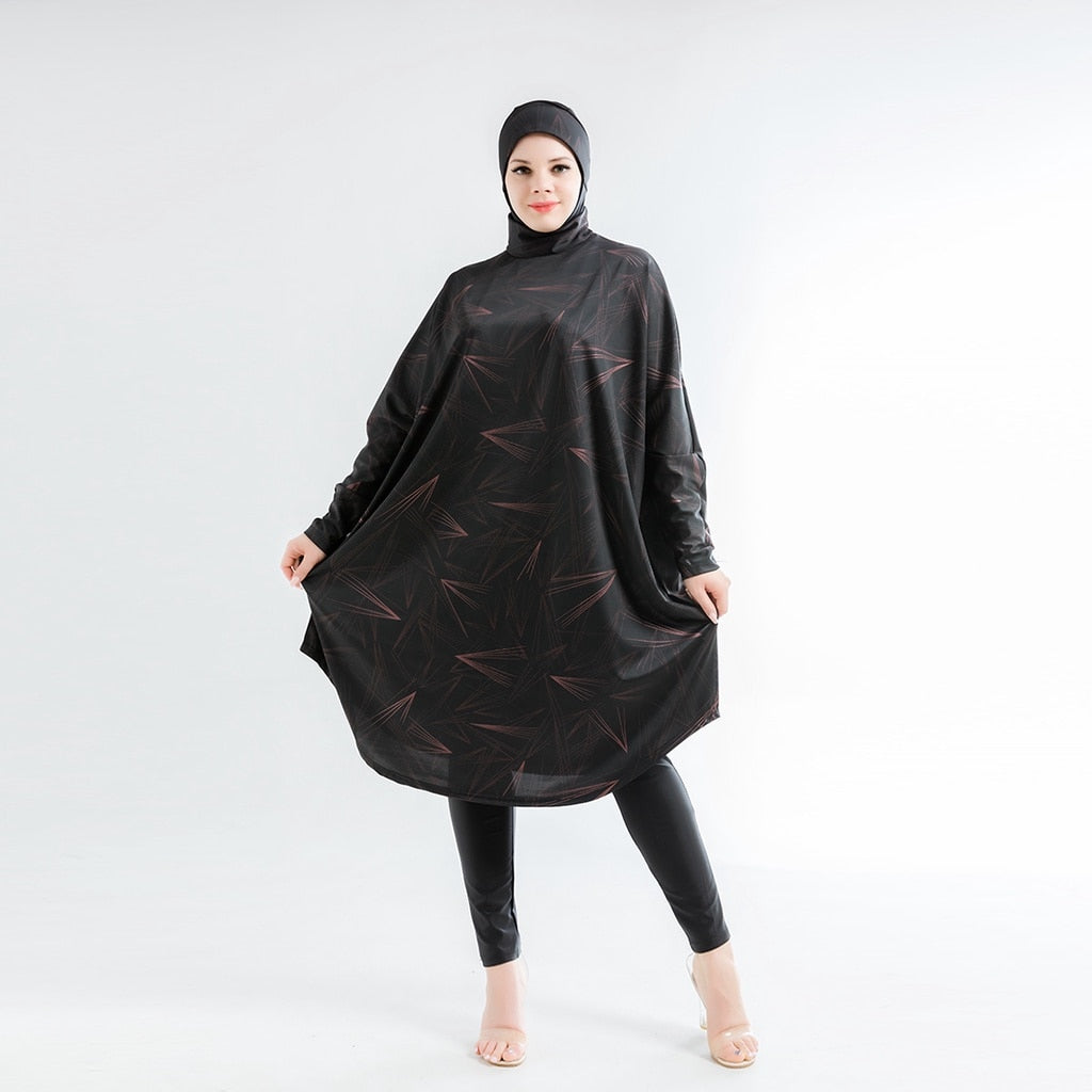 Women Muslim Swimwear Beachwear Screen Printing 3pcs Lslamic Clothes Hijab Long Sleeves Sport Swimsuit Burkinis Bathing Bat Suit