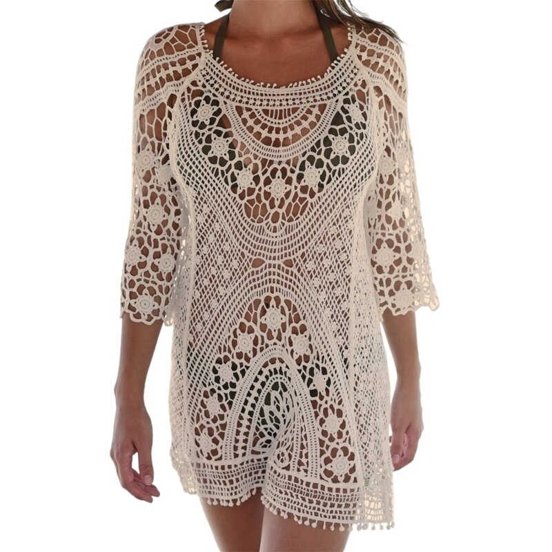 Womens Bikini Swimsuit Cover Up 3/4 Sleeves Hollow Out Crochet Floral Lace Mini Dress Sexy Backless Knitted Beach Top Bathing