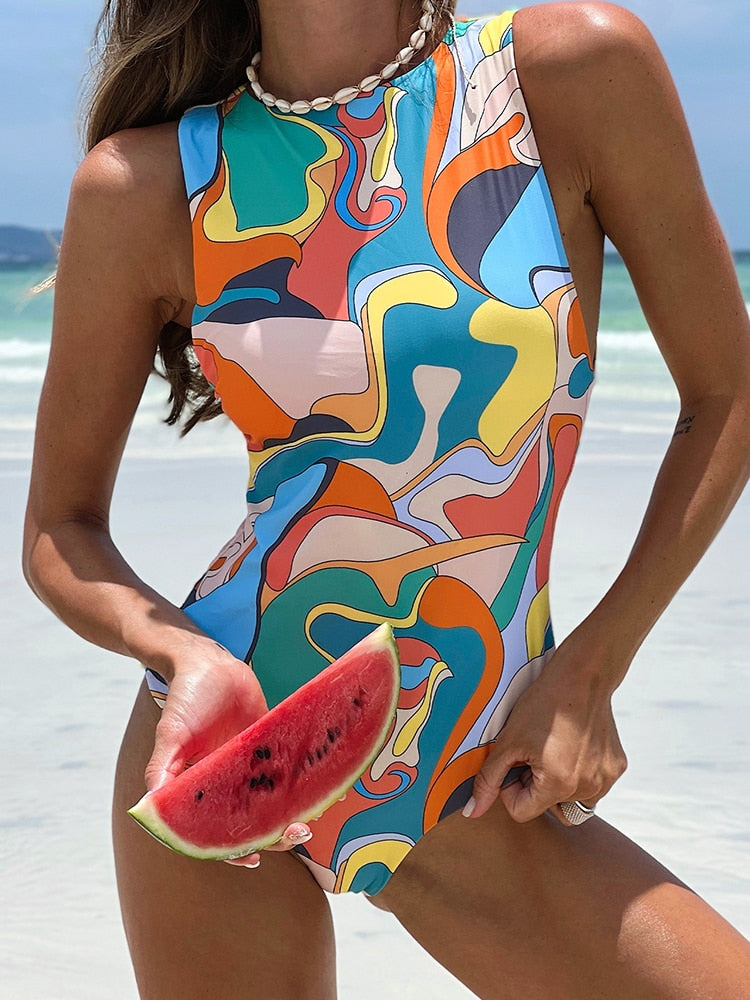 Peachtan Leaf Print Monokini Zipper One Piece Swimsuit Women High Neck Swimwear Push Up Vintage Bodysuit Bathing Suit 2023 New