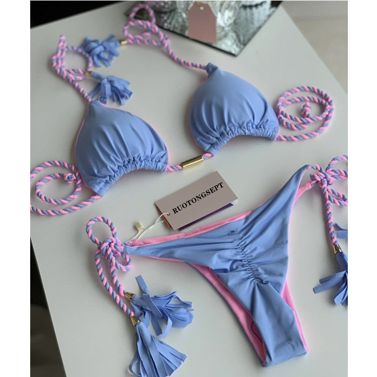 Blue Triangle Bandage Thong Bikini Set