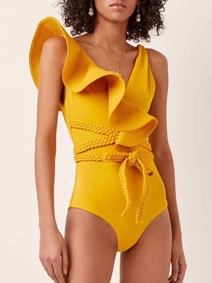 Swimwear Women 2022 Sexy One Piece Swimsuits Deep-v Beach Wear Shoulder Solid Ruffled Plus Size Bathing Suit Summer Micro Bikini