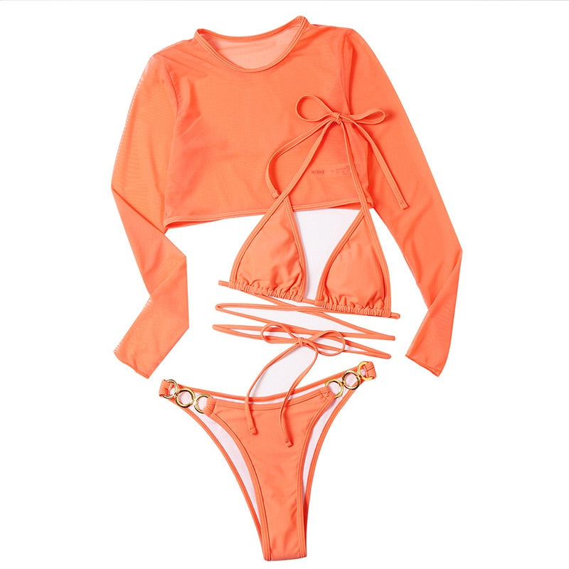 Leopard Print 3-Piece Long Sleeve Bikini Set