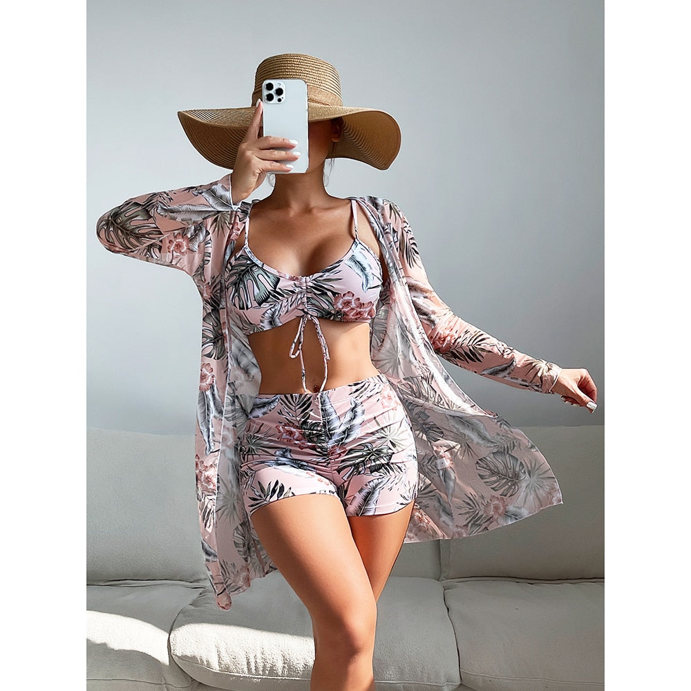 High Waist Bikinis 2022 Sexy 3 Piece Bikini Set Cover Up Swimsuit for Women Long Sleeve Push Up Swimwear Beach Wear Bathing Suit