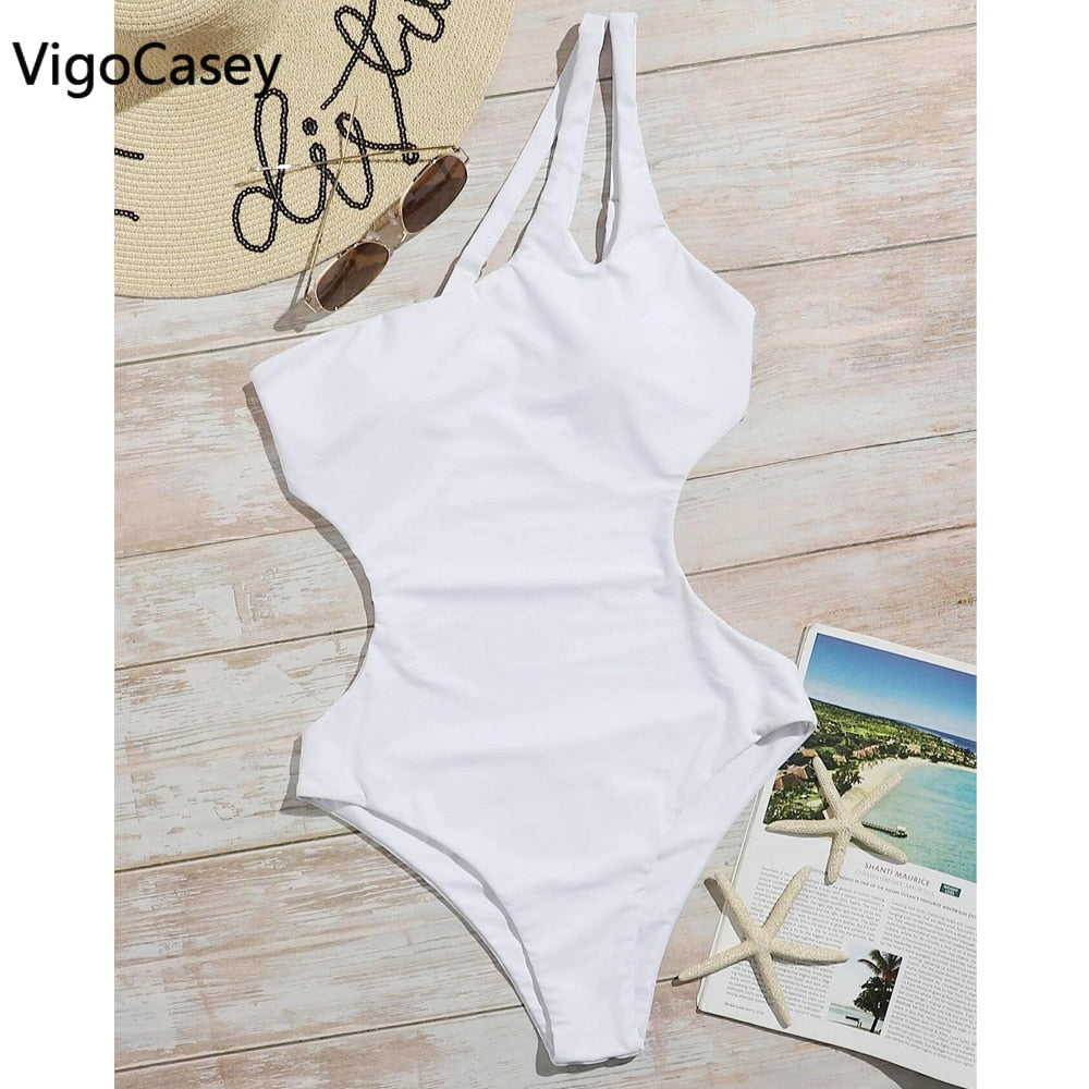 VigorCasey 2022 Solid One Shoulder Swimwear Women Sexy High Waist Hollow One Piece Swimsuit Monokini Backless Beach Bathing Suit