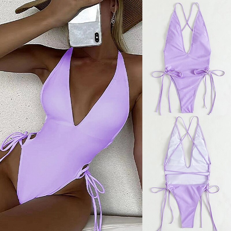 Riseado Sexy Plunging One Piece Swimsuit Lace Up Women's Swimwear 2023 Solid Swimming Suit for Women High Cut Monokini Beachwear