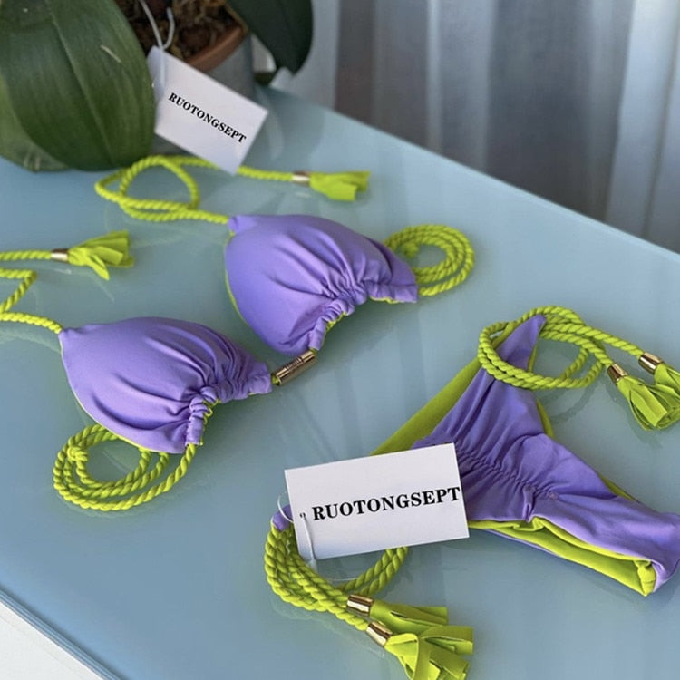 Blue Triangle Bandage Thong Bikini Set