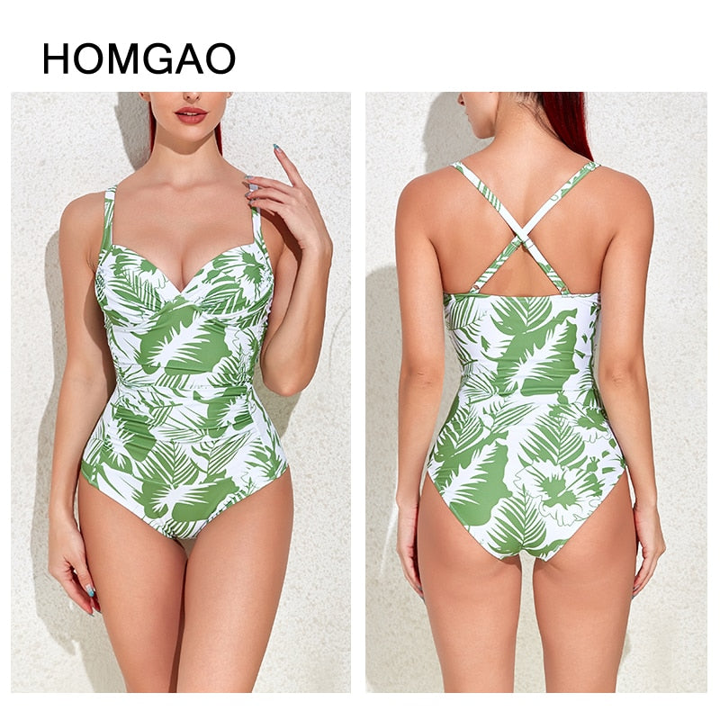 HOMGAO Sexy Push Up Women's One Piece Swimsuits Large Size Shirred Swimwear Vintage Bodysuit Tummy Control Bathing Suits L-4XL