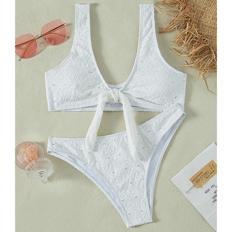 Ruffled Hollow Out Thong Bandeau Bikini Set