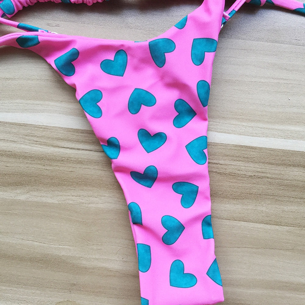 QINJOYER Cute Heart Print Bikini Women Brazilian Swimwear 2 Pieces Swimsuit Sexy Thong Bikini Bathing Suits Summer Beach Wear