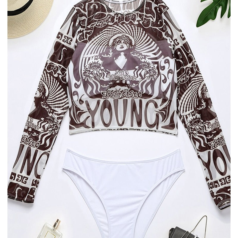 Leopard Print 3-Piece Long Sleeve Bikini Set