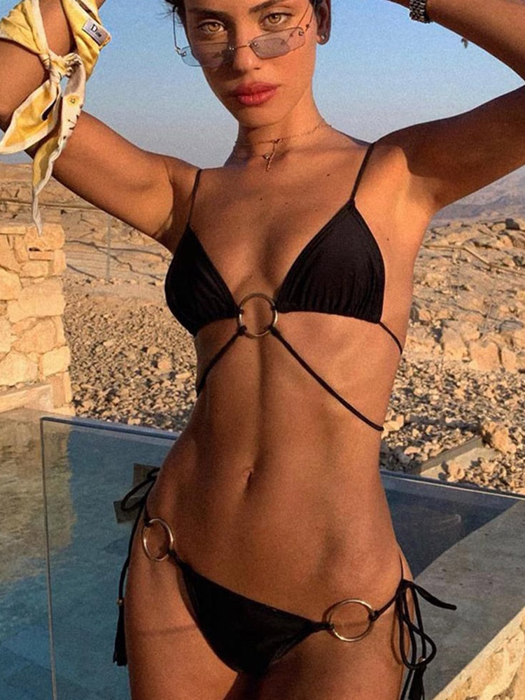 Hollow Out Pleated Double-Sided Triangle Bikini