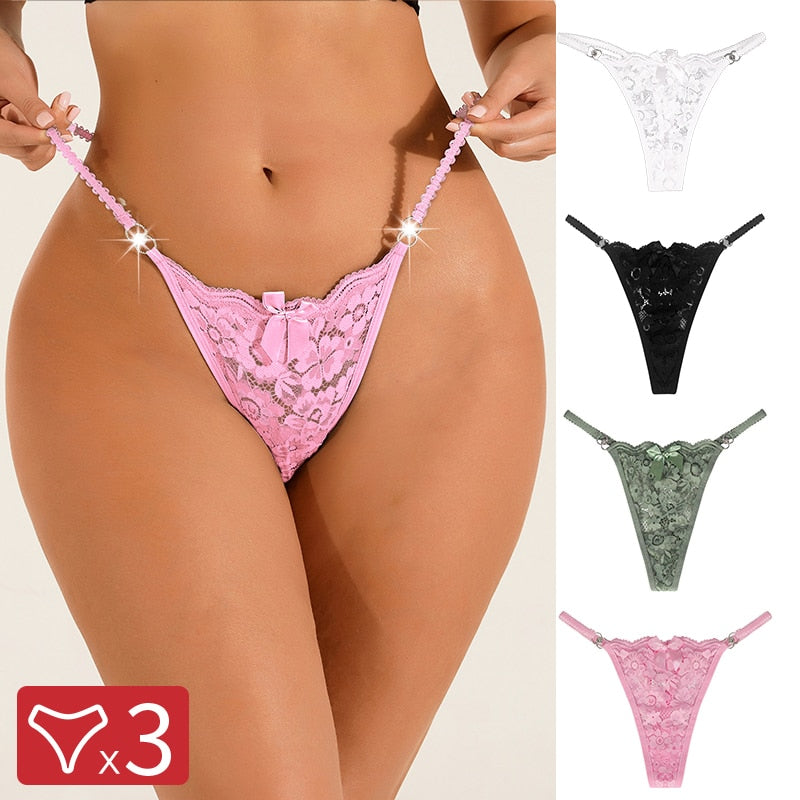 3PCS/Set Women Sexy Lace Panties Perspective Underwear Low Waist Thin Strap Rhinestone Thong G-string Breathable Soft Lingerie