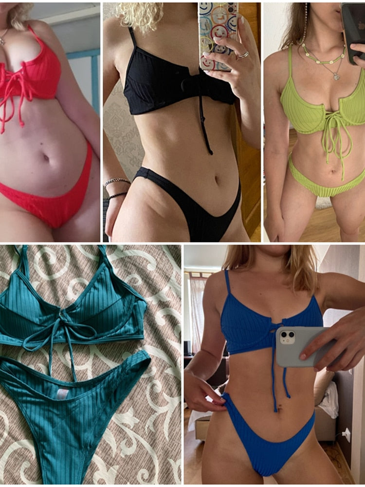 Ribbed High Cut String Knot Bikini Set