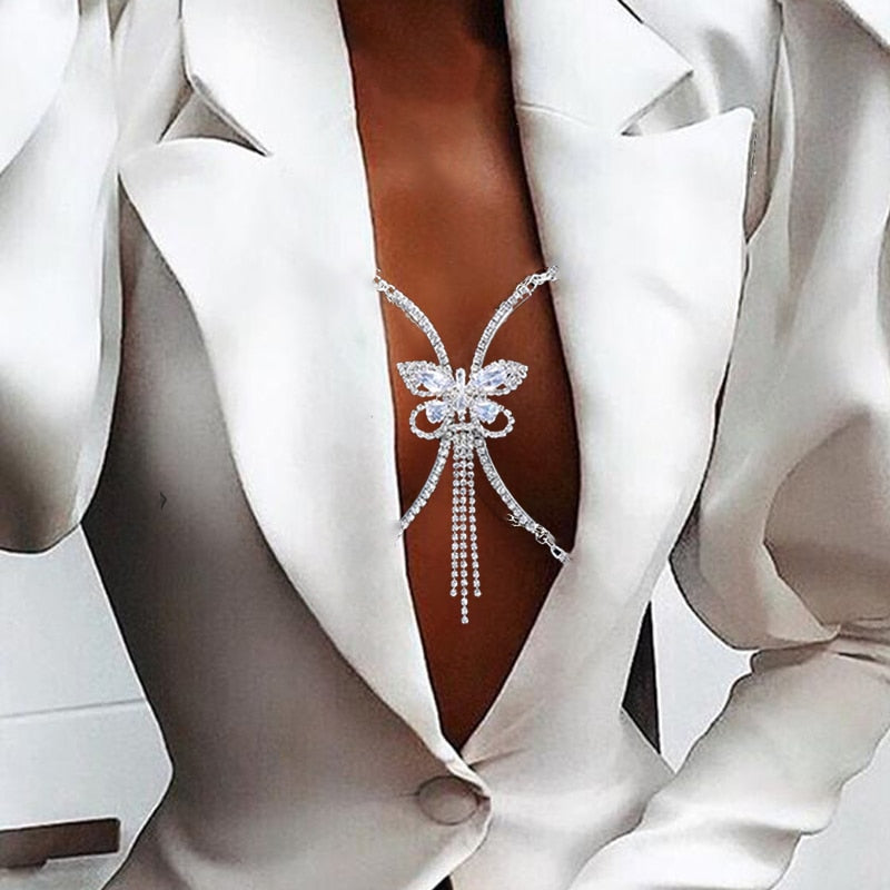 Rhinestone Heart Double Pendant Chest Body Chain