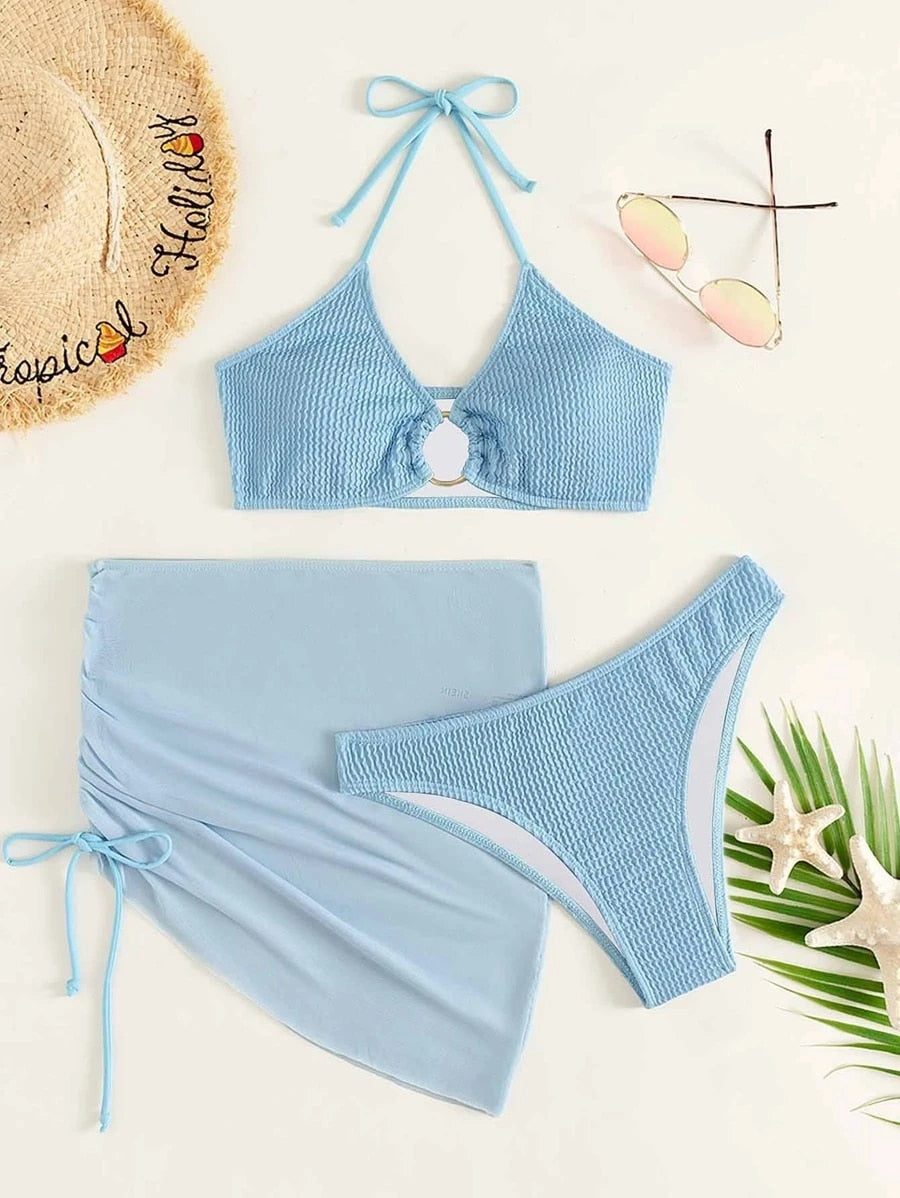Ring Linked Halter Ribbed 3-Piece Bikini Set