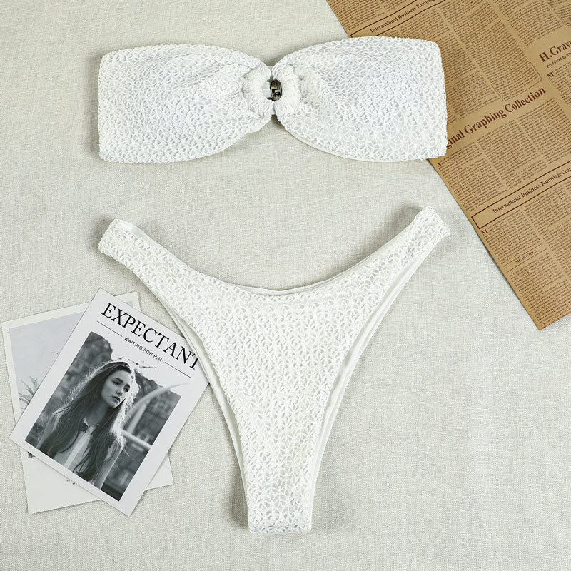 Ruffled Hollow Out Thong Bandeau Bikini Set