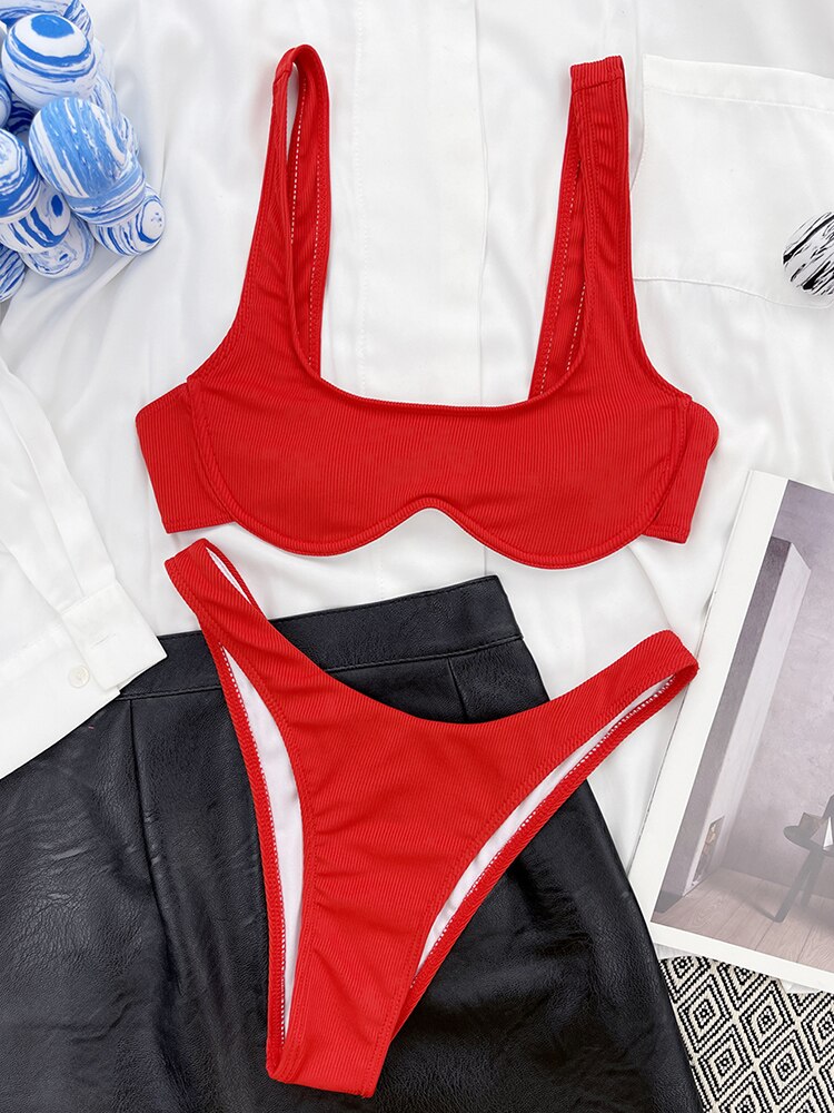 INGAGA Push Up Women's Bikinis Sexy Ribbed Swimsuit 2023 New Solid Swimwear Women High Cut Biquini Set Square Neck Bathing Suits