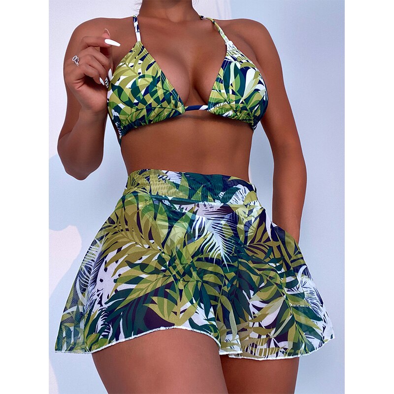 Summer Suit Women Three-piece Bikini With Large Flower and Leaf Print Women's Bikinis 2022 Dress High Waist Ropa Mujer Beachwear