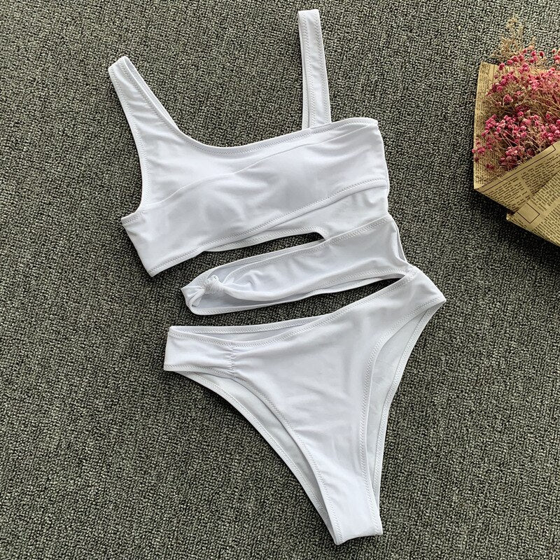 Sexy Bikini Set One Shoulder One Piece Swimsuit 2021 New Off Shoulder White Patchwork Swimwear Bodysuit Bathing Suit Black