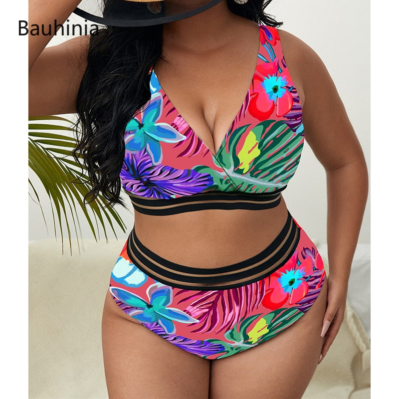 Bauhinia New 5XL Plus Size Swimsuits 2 Pieces Set Women High Waist Push Up Bikini Sets Flower Print Summer Large Bathing Suits