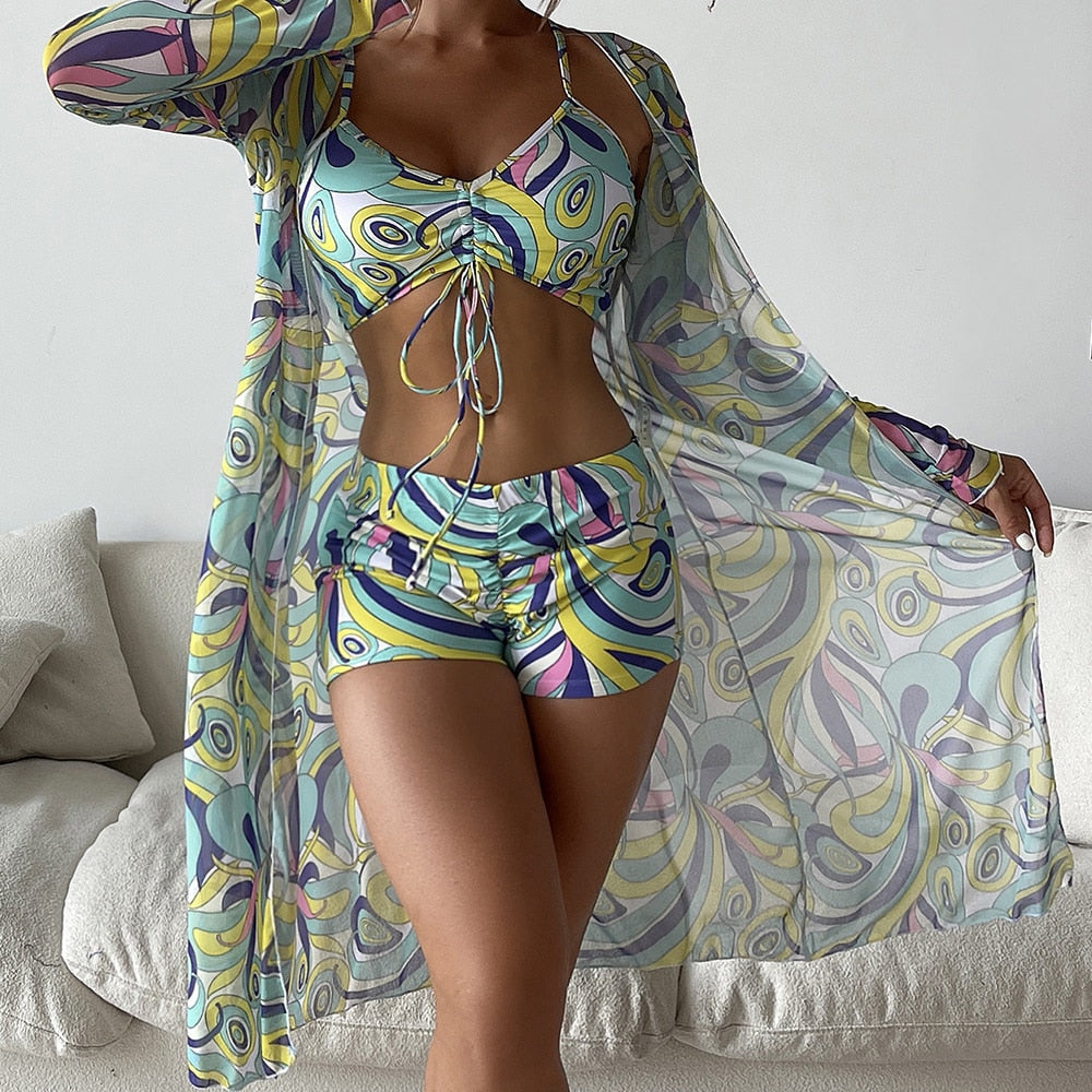 3-Piece High Waist Long Sleeve Bikini Set