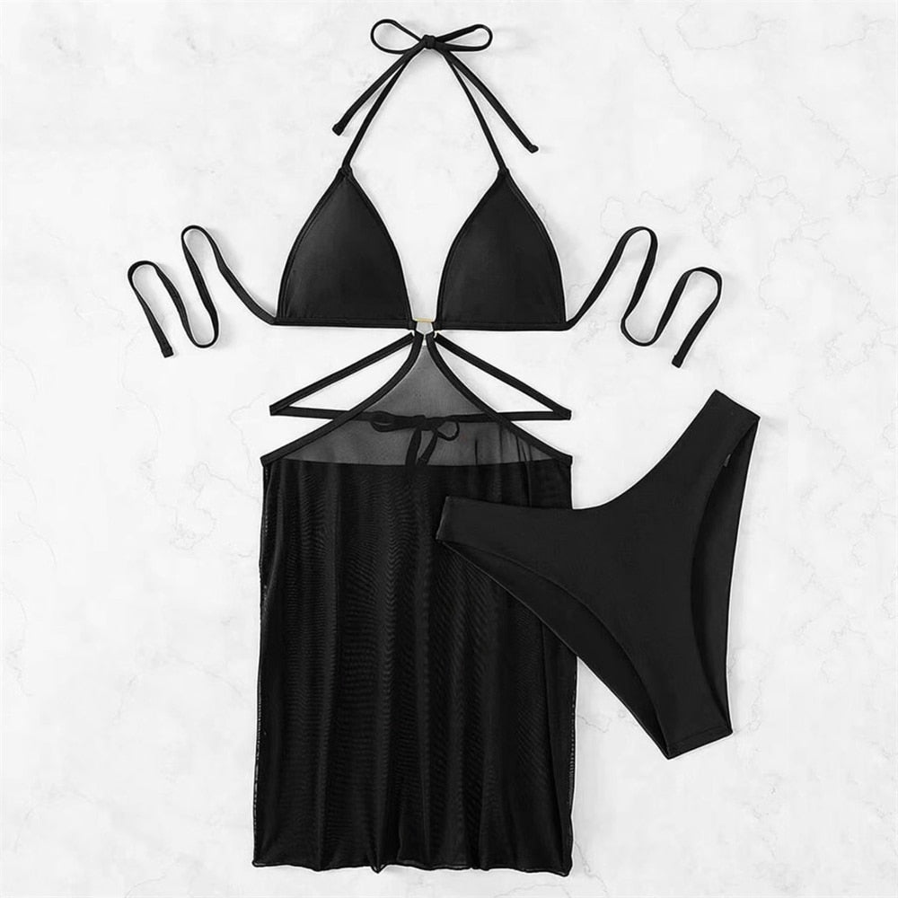 Sexy Solid Halter Thong Bikini Push Up Swimsuits Cover Ups For Swimwear Women 3 Pcs Sets Bandage Beachwear Suit With Mesh Skirt