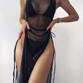 CHRONSTYLE Mesh Sheer See Through Dress Bikini Cover Ups 2021 Sexy Women Swimwear High Split Lace-up Swimsuit Beachwear Bathing