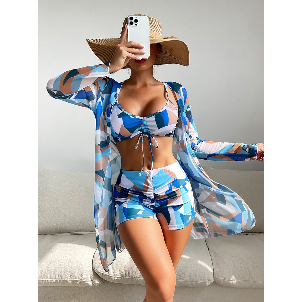 High Waist Bikinis 2022 Sexy 3 Piece Bikini Set Cover Up Swimsuit for Women Long Sleeve Push Up Swimwear Beach Wear Bathing Suit