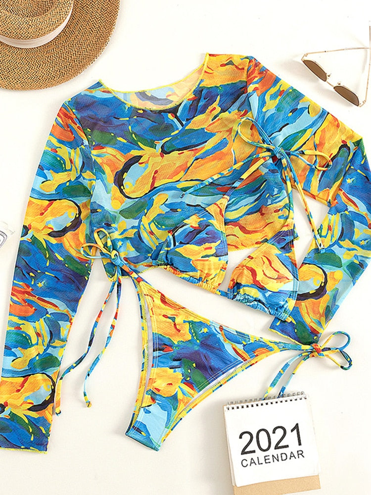 Leopard Print 3-Piece Long Sleeve Bikini Set