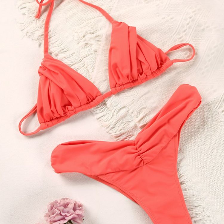 Hollow Out Pleated Double-Sided Triangle Bikini
