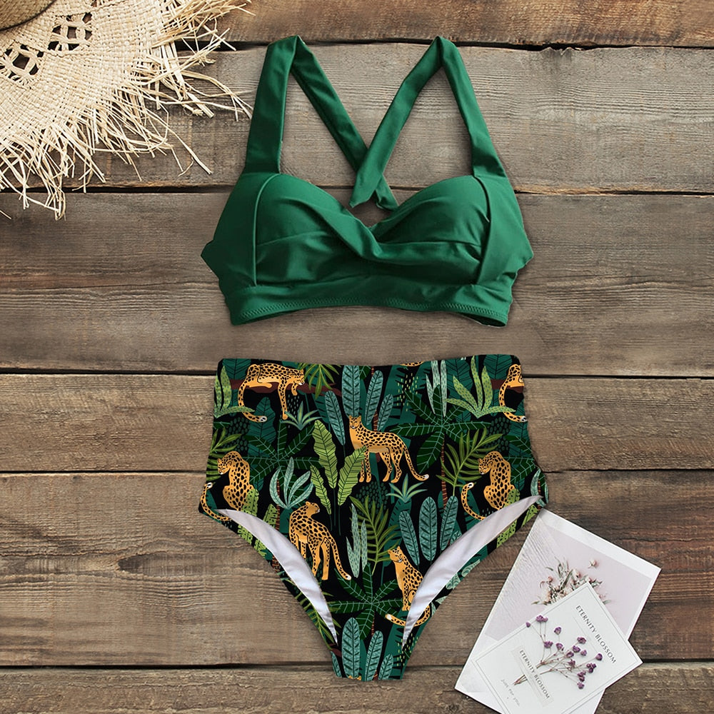 Halter Print High Waist Bodysuit Bikini Set