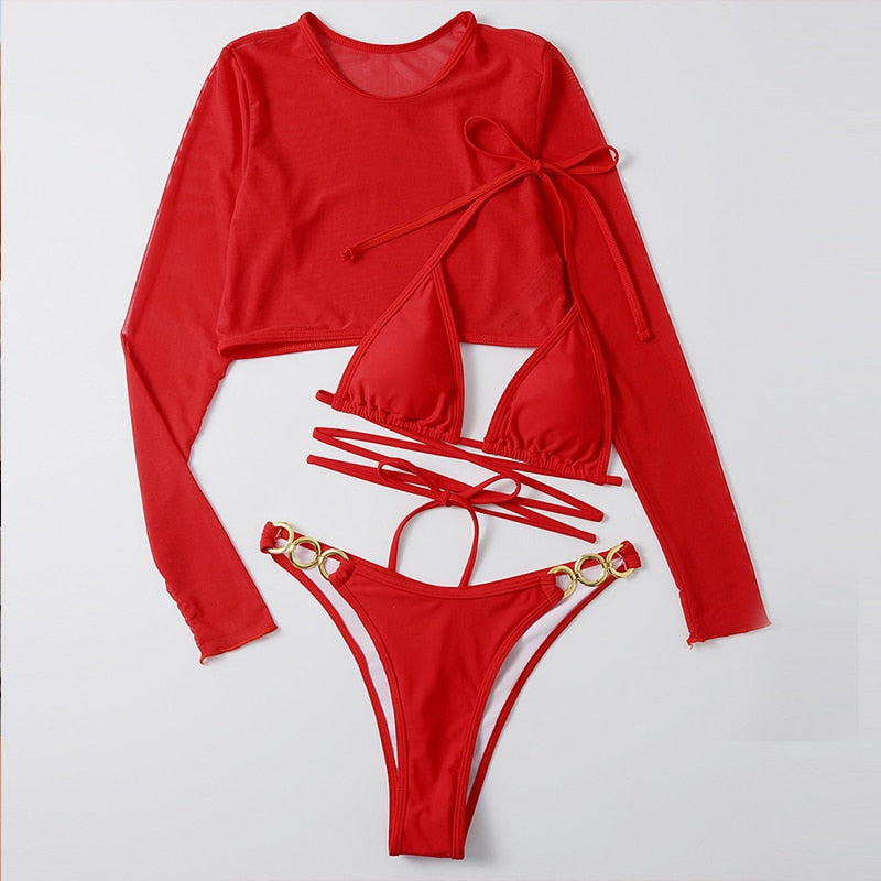 Leopard Print 3-Piece Long Sleeve Bikini Set