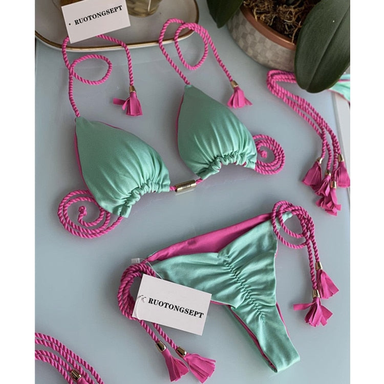 Blue Triangle Bandage Thong Bikini Set