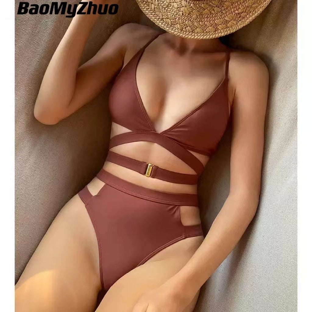 2022 New Sexy High Waist Women's Bikini Cut Out Swimsuit Solid Women Swimwear V-Neck Beachwear Buckle Bathing Suit Biquinis