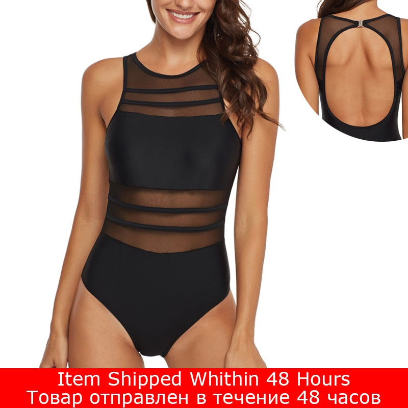 Riseado Mesh One Piece Swimsuit Women Swimwear 2023 Sexy Swimming Suit for Women Monokini Plus Size Bath Suits Black High Neck