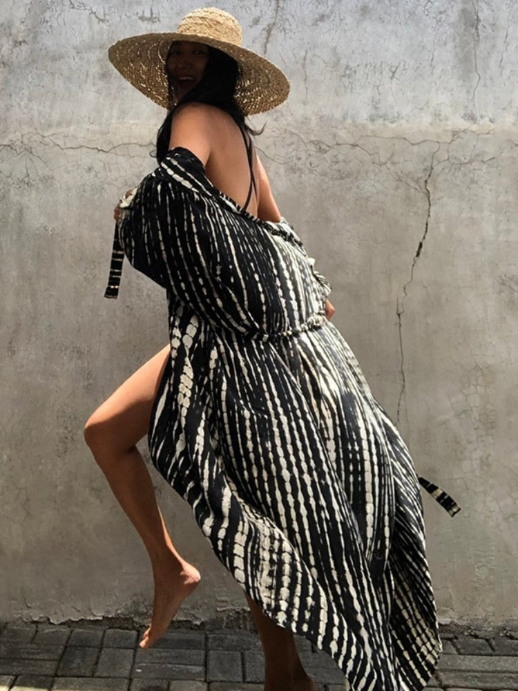 Beach Cover Ups for Swimwear Women Black Tie Dye Kimono Swimsuit Cape Summer Dress 2022 Beachwear Outfits Sales