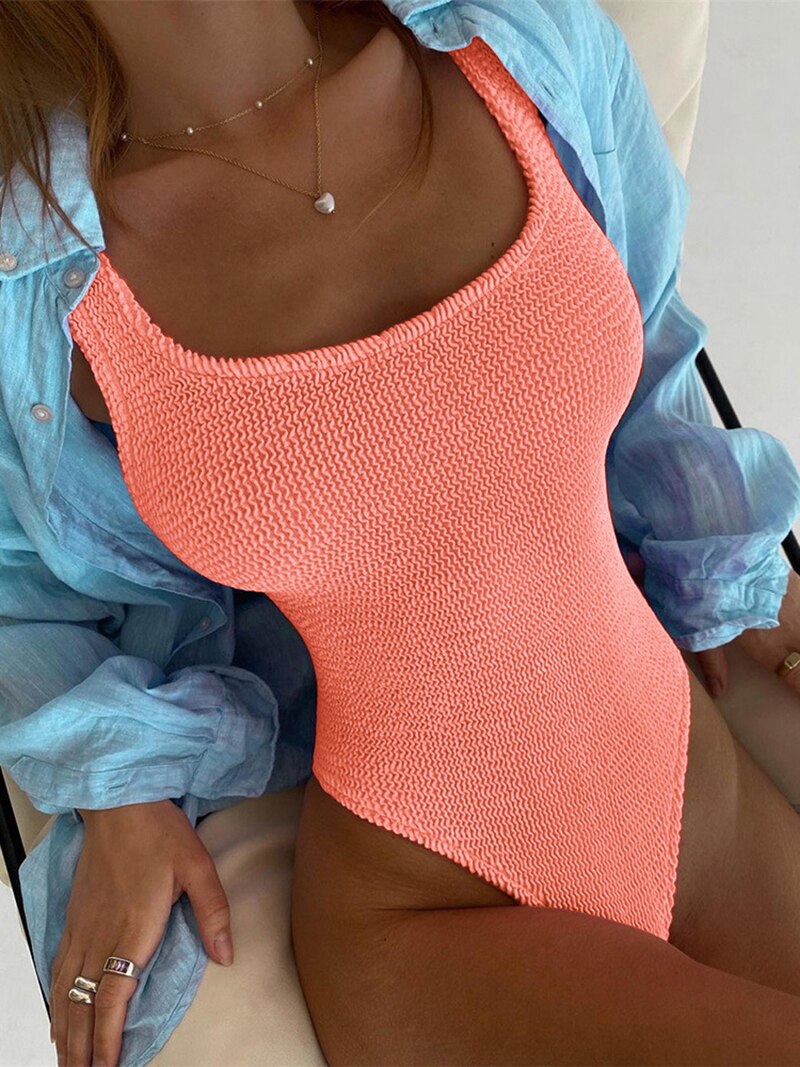 2022 New One Piece Swimsuit Women Solid Color Swimwear Push Up Sexy Monokini Bathing Suit Backless Cut Out Swim Bather Beachwear