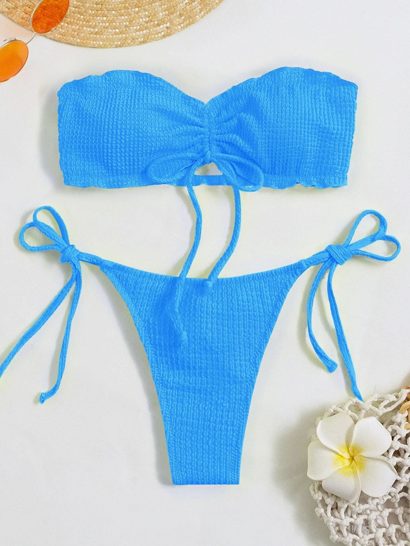 Tie Front Bandeau Thong Bikinis 2022 Women Two Piece Swimwear Sexy Swimsuit Female Bikini Set Summer Beach Bathing Suit