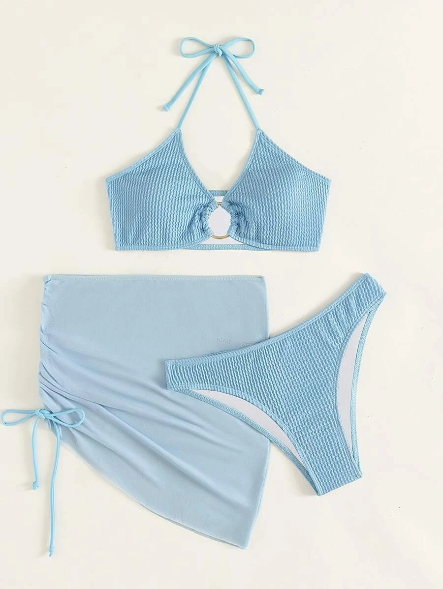 Ring Linked Halter Ribbed 3-Piece Bikini Set
