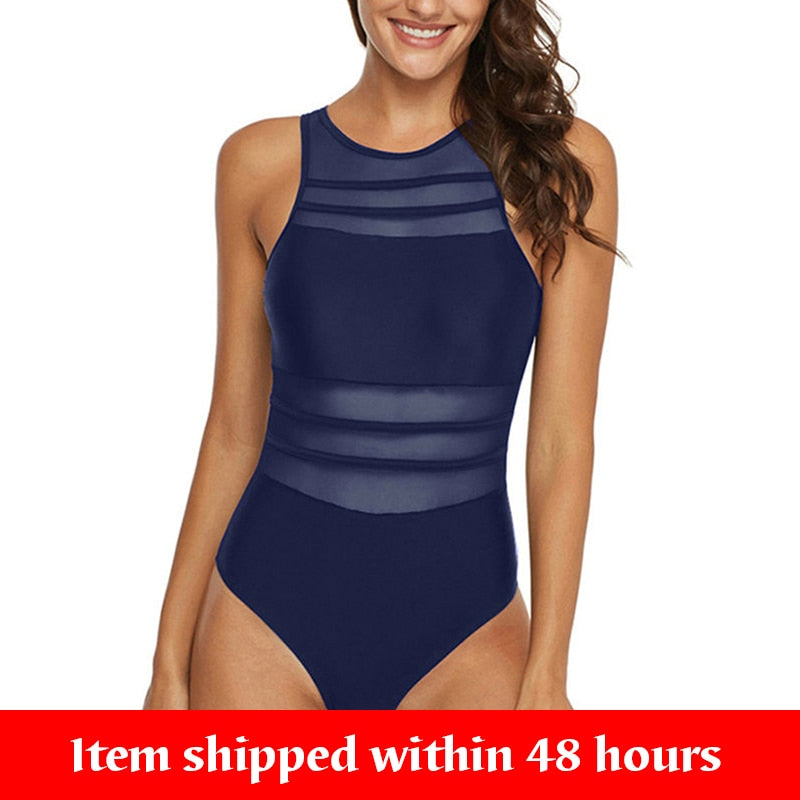 Sexy One Piece Swimsuit Black Mesh Swimwear for Women High Neck Summer Beachwear Bathing Suits (shipped within 48 hours)