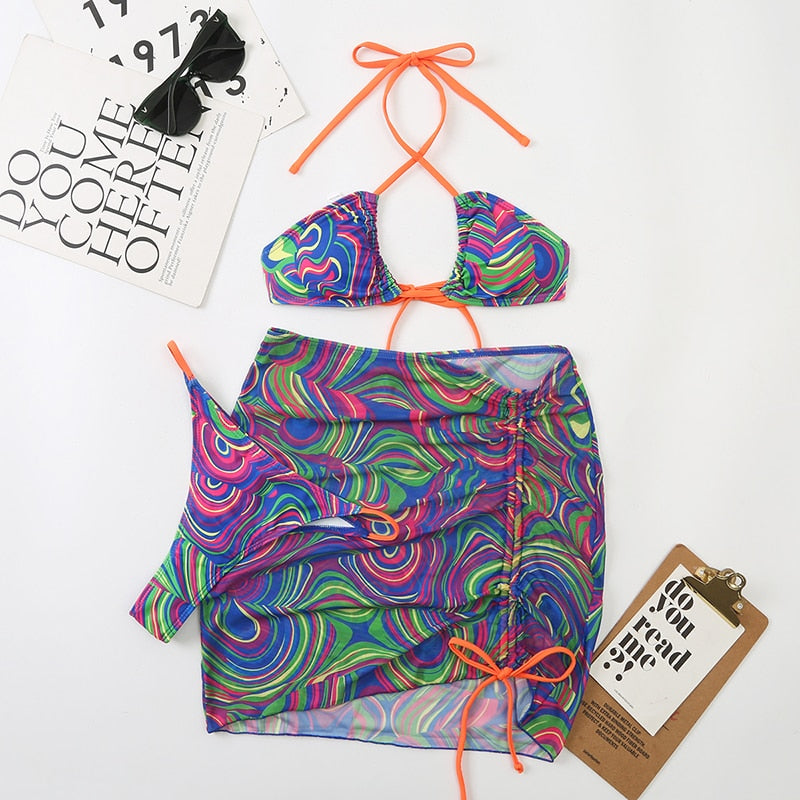 Tie Dye 3-Piece Thong Bikini Set with Skirt