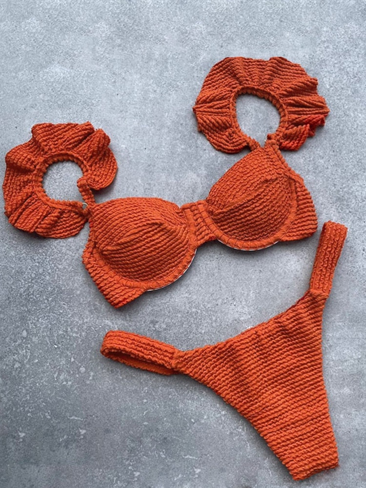 White Pleated High Cut Push Up Bikini Set