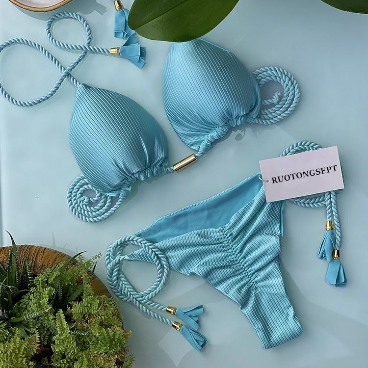 Blue Triangle Bandage Thong Bikini Set
