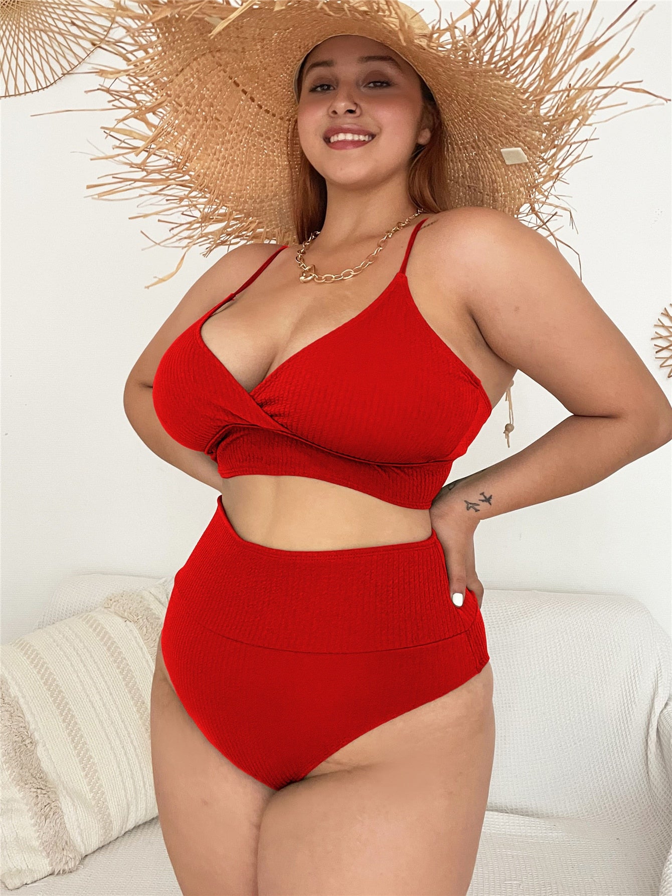 Womens swimwear high waist bikini set solid color plus size Big Breast swimsuit strappy sexy bather Swimming Wear Bathing Suit