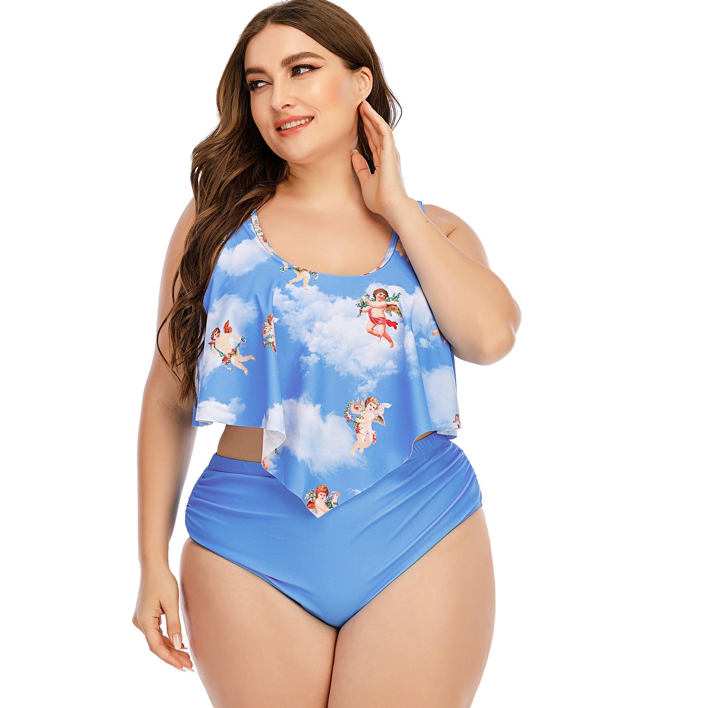 2021 Summer Plus Size Two Pieces Women's Bikinis Set Cactus/Letter Printed Ruffle Big Swimsuit Large Female Swimming Suits 5XL