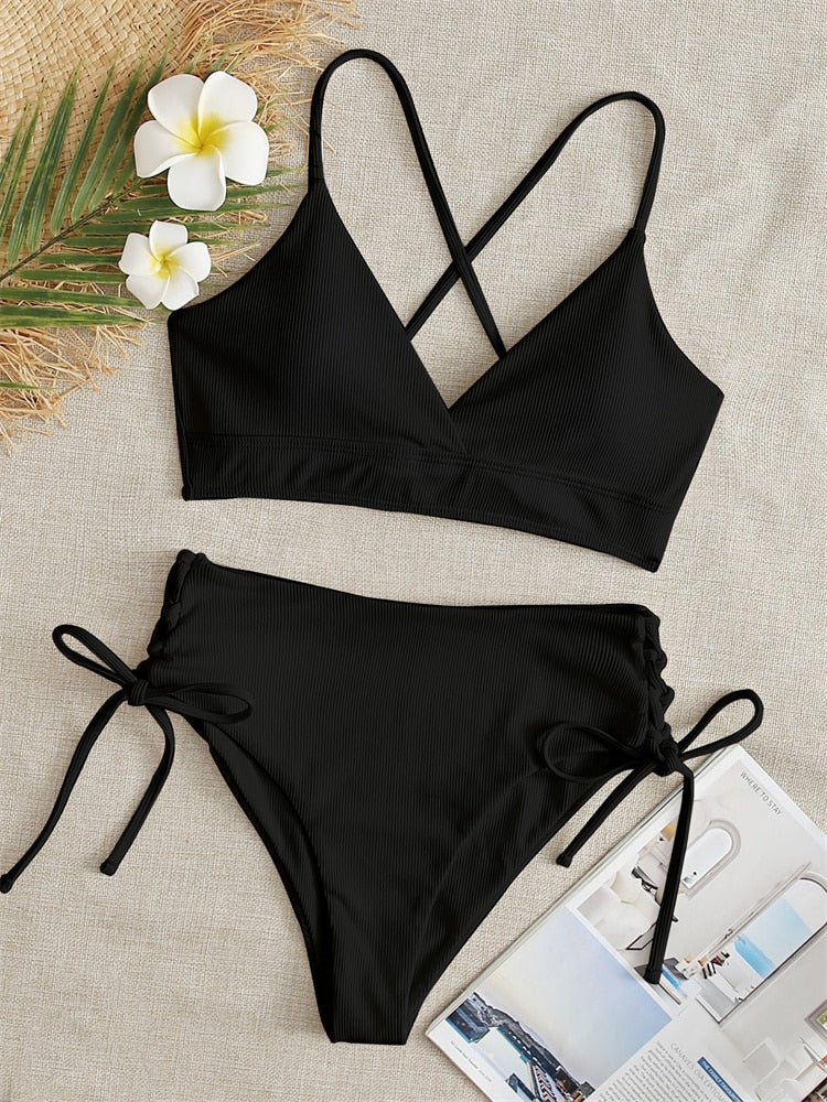 Black Lace-Up Ribbed High Waist Bikini Set