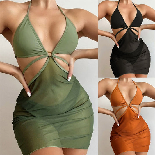 Sexy Solid Halter Thong Bikini Push Up Swimsuits Cover Ups For Swimwear Women 3 Pcs Sets Bandage Beachwear Suit With Mesh Skirt