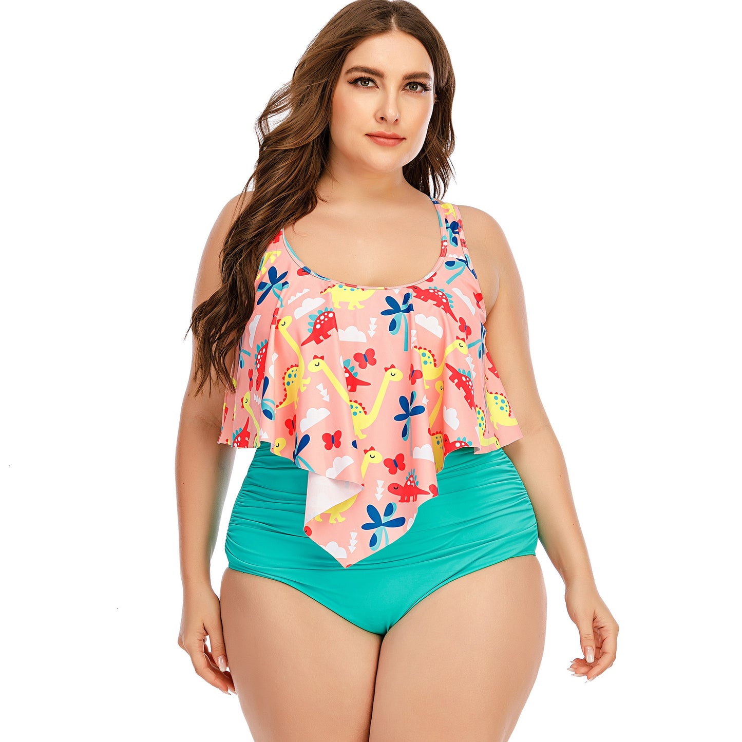 2021 Summer Plus Size Two Pieces Women's Bikinis Set Cactus/Letter Printed Ruffle Big Swimsuit Large Female Swimming Suits 5XL