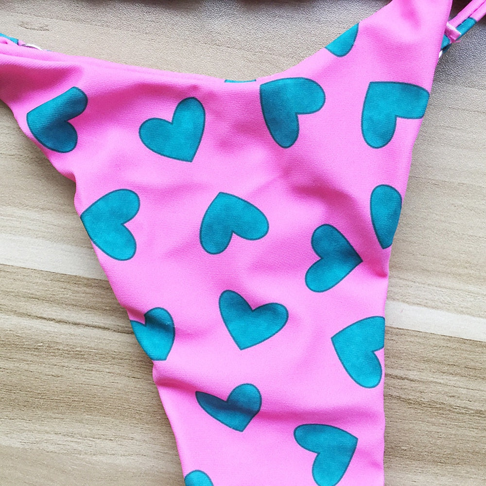 QINJOYER Cute Heart Print Bikini Women Brazilian Swimwear 2 Pieces Swimsuit Sexy Thong Bikini Bathing Suits Summer Beach Wear